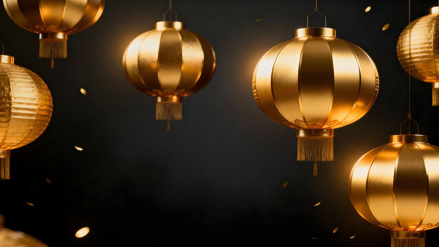 Golden Chinese lanterns with tassels glowing against a dark background with sparkling specks, creating a festive and elegant atmosphere.
