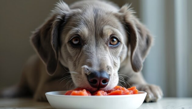 Grey dog eats fresh meat from white bowl. Pet enjoys delicious meal indoors. Animal focused on its food, showing natural instinct and appetite. Healthy canine diet.