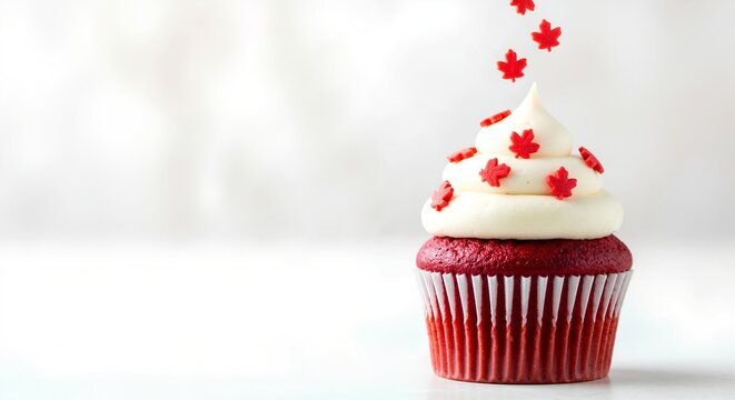 A Canada day cupcake with red maple leaf sprinkles falling onto white frosting. Patriotic red velvet dessert on a white background with copy space