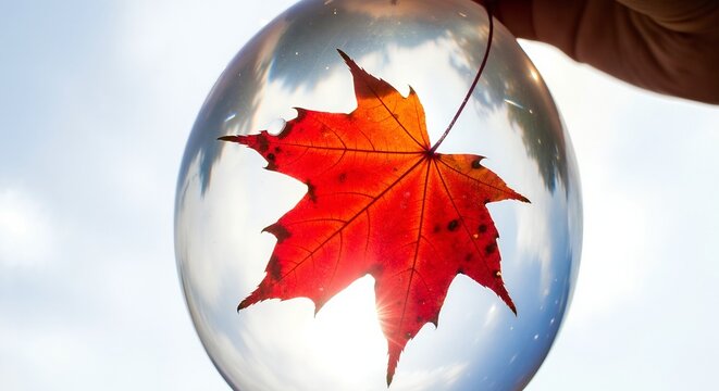 A red autumn maple leaf inside a transparent glass ball. Creative backlit photo with the sun and sky in the background. Fall season nature concept