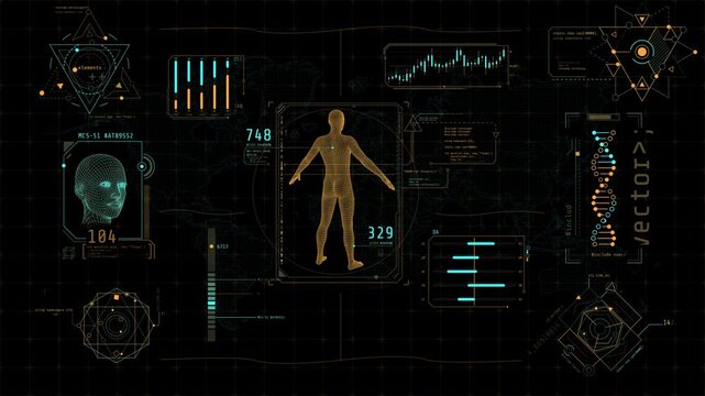 Animated display with infographics on data science and health research - Powered by Adobe