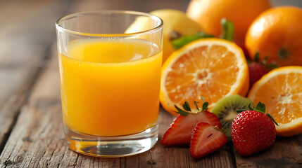 A glass of orange juice with fresh fruits like oranges strawberries kiwi and lemon on wood table top