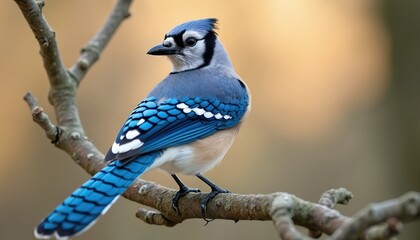 Blue jay bird with striking plumage sits on a bare tree branch. It has a distinctive crest and black facial markings. The background is softly blurred in warm tones of beige and brown.
