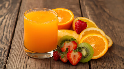 Still life of orange juice in a glass surrounded by fresh fruits on a wooden surface top view