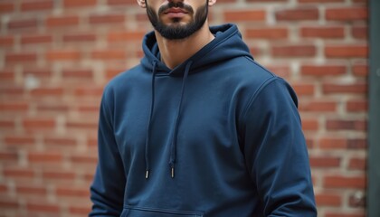 Young man with beard stands in urban setting. Wears stylish navy blue hoodie sweatshirt. Fashionable male model poses against red brick wall background. Casual modern clothing outfit for city