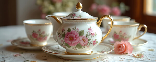 Exquisite porcelain tea set features delicate floral patterns gold trim. Antique tea service includes teapot cups saucers. Collectible tableware embodies elegance perfect for tea parties or decor.