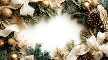 Elegant christmas wreath decoration with pinecones ribbons and golden baubles on white background