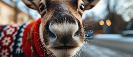 Closeup of Reindeer wearing Christmas sweater outdoors in winter Cute animal portrait with festive holiday spirit and cozy winter clothing