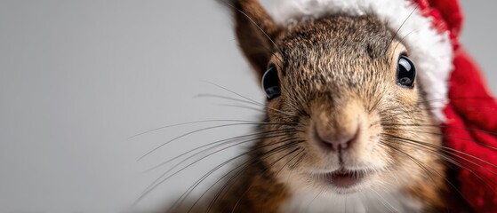 Closeup of a cute squirrel wearing a festive red and white Santa hat, looking directly at the camera with curiosity Perfect for Christmas and holiday season concepts