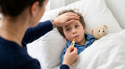 Parental care for childhood illness as a loving mother checks her sick son's high fever with a thermometer.