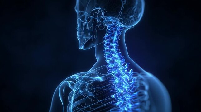 Human anatomy showing the spine and shoulder bones in blue x ray view