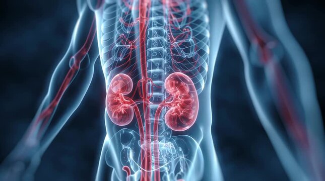 Illustration showing human kidneys and blood vessels in translucent body