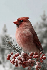 Small red cardinal perched on snowy winter branches with bright red berries create. Realistic wildlife photography captures birds feeding in frosted woodland habitat