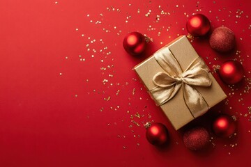 Festive golden gift box with satin ribbon surrounded by shiny red ornaments and sparkling confetti on a vibrant red background