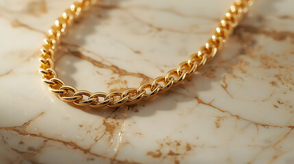 Close up shot of a gold chain necklace lying on a marble surface with soft lighting and shadows