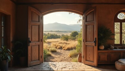 Rustic wooden arched doors widely open to bright sunny natural landscape view. Distant mountains, dry grass fields, green trees clearly visible outside. Warm light fills cozy charming home interior.