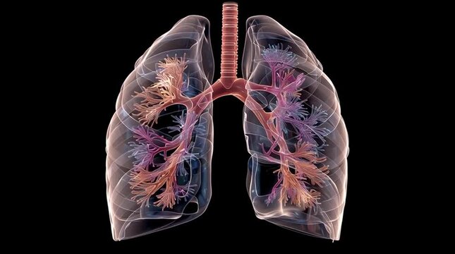 Illustration showing the human lungs and trachea against a black background