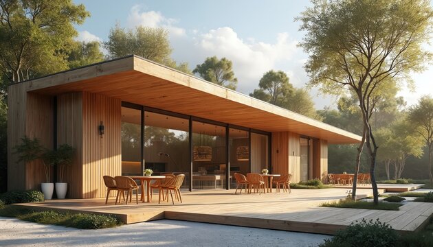 Modern wooden building exterior outdoor seating tables and chairs. Sunny day light design. Contemporary architecture aesthetic. Nature landscape environment. Urban planning residential real estate.