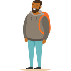 Smiling Man With Beard Wearing Gray Hoodie Blue Jeans and Orange Backpack Standing Against White Background Isolated Graphic Illustration