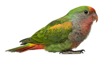 Green parrot stands against black. Feathery texture shows detailed plumage. For wildlife posters, animal-themed branding, educational materials.