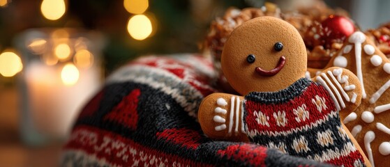 Happy gingerbread man cookie in a cozy knitted sweater, nestled in a festive holiday setting with warm bokeh lights Concept of Christmas, winter, and sweet traditions