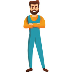 Smiling Man With Beard Wearing Teal Overalls and Orange Long Sleeved Shirt With Arms Crossed Standing Against Transparent Background