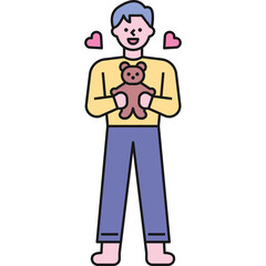 Smiling Man With Blue Hair Holding A Brown Teddy Bear Wearing A Yellow Long Sleeve Shirt And Purple Pants With Pink Hearts Floating Around Him In A Studio Shot