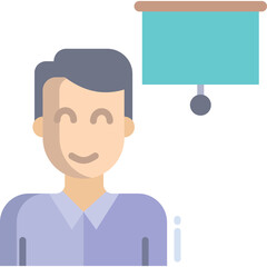 Smiling Man with Presentation Board Light Blue Screen and Purple Shirt Transparent Background Flat Design Vector Illustration Presentation Business Education Concept
