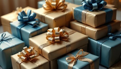 Group of neatly wrapped gift boxes in gold and blue tones. Festive packages tied with matching satin ribbons and glitter accents. Presents are stacked elegantly for a special occasion.