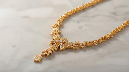 Close up of a gold necklace with floral design and small gems on a white marble surface showing detail