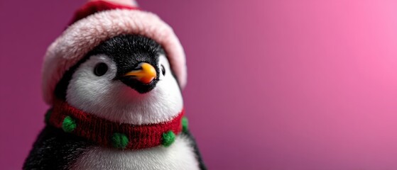 Cute penguin toy wearing a pink winter hat and scarf against a vibrant pink background Festive holiday concept for Christmas and New Year
