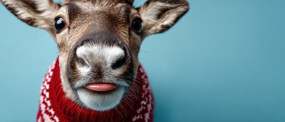 Cute reindeer wearing a festive red and white Christmas sweater, playfully sticking its tongue out in a studio setting Concept of holiday humor and winter cheer