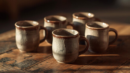Arrangement of rustic ceramic mugs with brown rims on a wooden surface in soft natural lighting