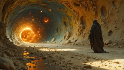 Wanderer in cosmic tunnel.