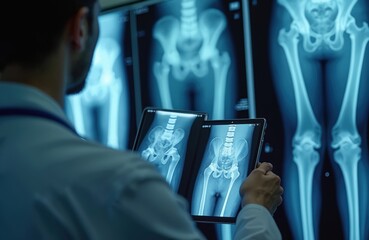 Doctor analyzes hip and knee x-ray scans on tablet computer. Medical pro studies human skeleton bone structure. Radiologist checks patient diagnosis in clinic.