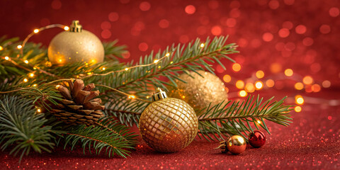 Fototapeta premium Christmas Decoration On Red Background With Pine Branches, Gold Baubles And Lights, Winter Holiday Concept For Seasonal Advertising, Festive Marketing And New Year Promotions.