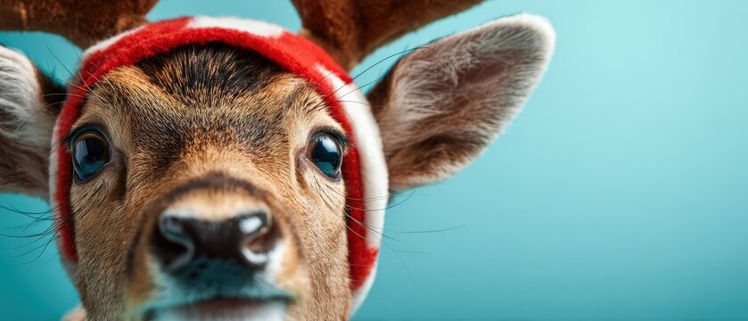 Closeup of adorable fawn wearing festive Christmas reindeer antlers headband against a vibrant blue background Concept of holiday spirit, animal portrait, and seasonal celebration