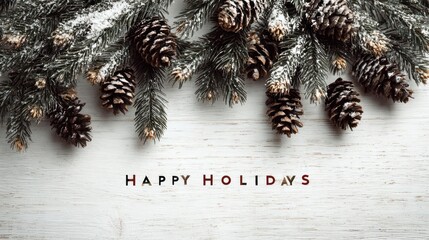 Festive winter holiday decoration featuring snow dusted pine branches and pinecones with happy holidays text