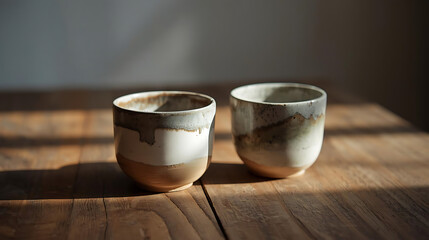 Two ceramic cups with a white and brown glaze sitting on a wooden surface in soft natural light