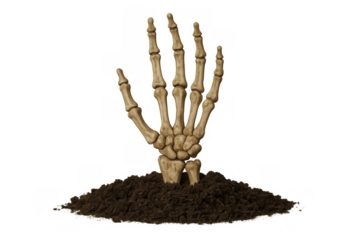Skeleton hand rising from grave soil on transparent background symbolizing death, halloween, and scary concepts