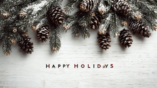 Festive winter holiday decoration featuring snow dusted pine branches and pinecones with happy holidays text - Powered by Adobe