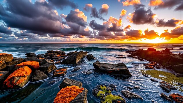 Sunset over vibrant rocky shore.