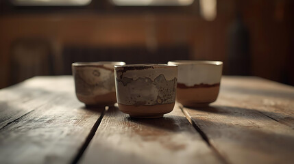 Three ceramic cups with unique designs placed on a rustic wooden surface in warm lighting setting
