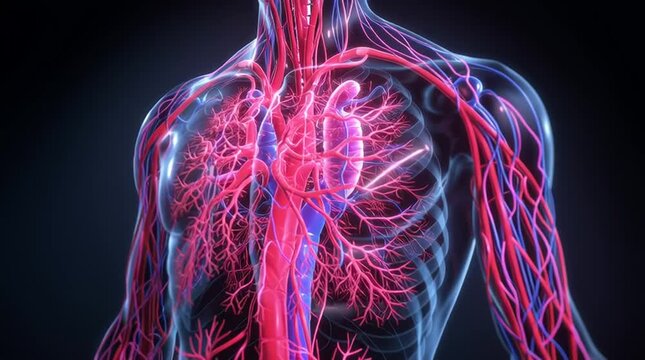 Anatomical rendering showing the human circulatory system in great detail