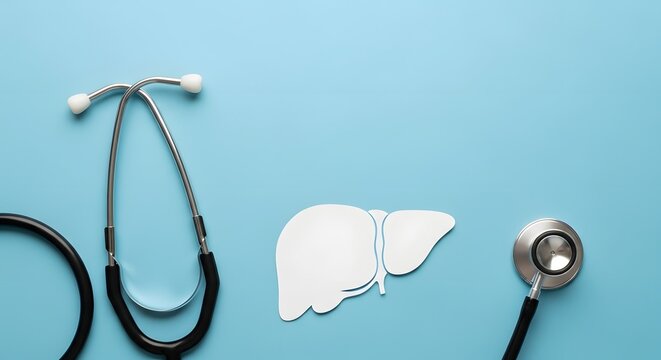 World Hepatitis Day Medical illustration of a human liver shape alongside a stethoscope, symbolizing healthcare and medical examination