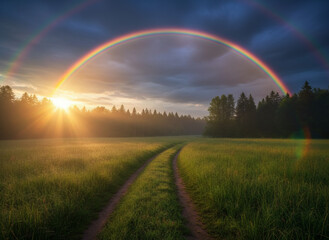 Hope, new beginnings, and finding a path forward with a double rainbow arching over a tranquil meadow at sunrise.