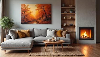 Cozy living room interior. Sectional sofa wood coffee table, fireplace creates warm ambiance. Painting on wall adds color. Autumnal decor elements, comfortable design. Home decor for relax at home.
