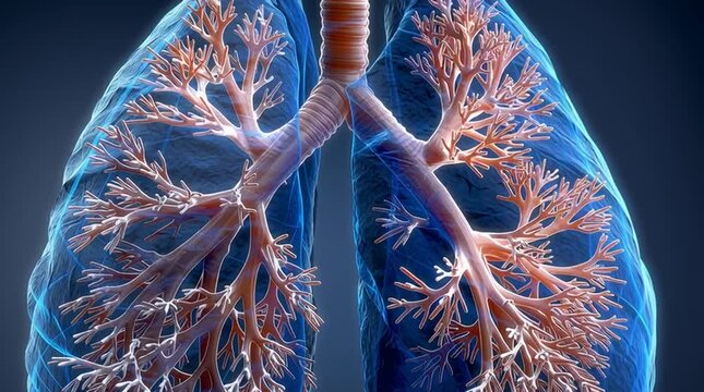 Anatomical view of human lungs with bronchioles against a dark background
