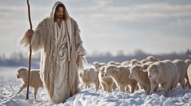 A man in white robes walking with sheep in a snowy field holding a staff