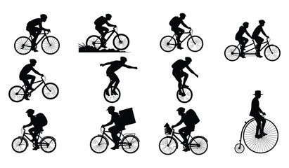 Obraz premium Diverse bicycle and unicycle rider silhouettes, illustrating various activities Vector
